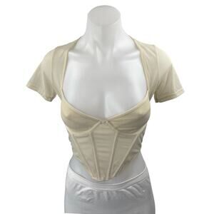 Glassons Cream Beige Short Sleeve Corset Bustier Cutout Mesh Crop Top Size S